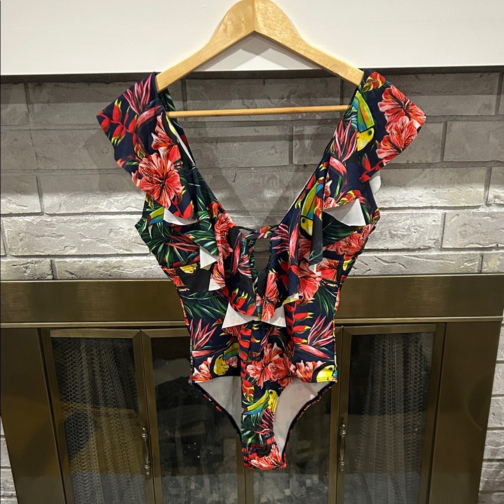 Toucan and Tropical Floral Ruffle One-Piece Swimsuit